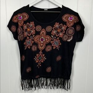 Embellished Womens Black Tee Pullover Floral Design Fringe Hem w/Beading Boxy